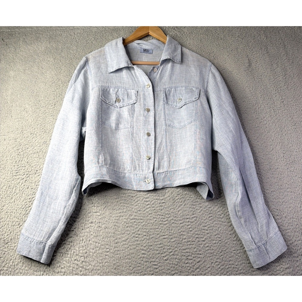 100% Linen Top By Merci Marie Womens Size Large Light Blue Crop Button Up  Italy